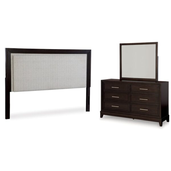 Queen Upholstered Panel Headboard, Dresser And Mirror