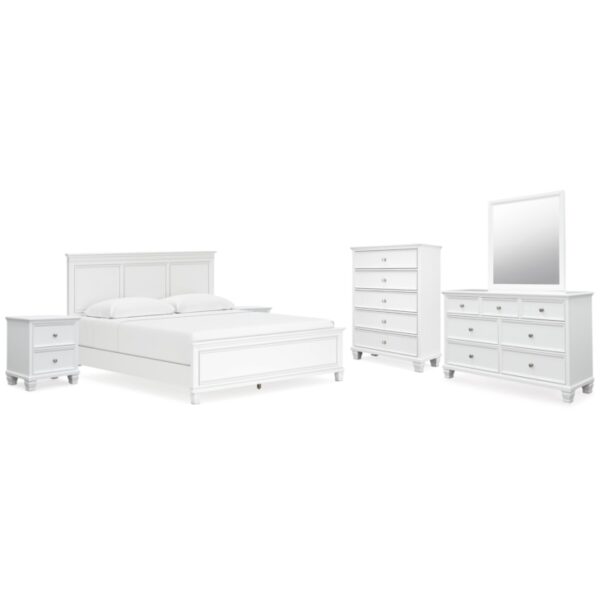 King Panel Bed, Dresser, Mirror, Chest And 2 Nightstands