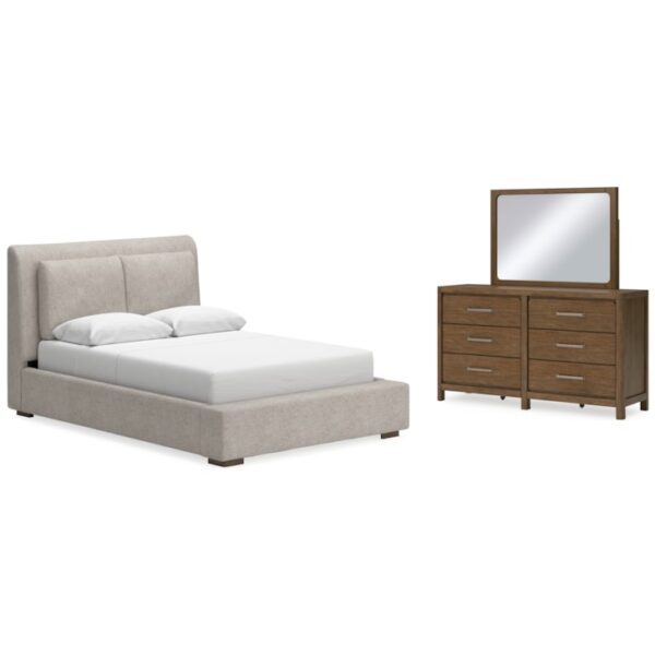 Queen Upholstered Bed, Dresser And Mirror