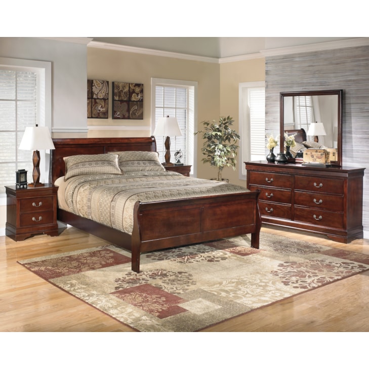 7d1a6e73320b45cca6034917d349c407.jpeg Queen Sleigh Bed, Dresser, Mirror, And Nightstand - Image 1