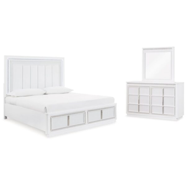Queen Upholstered Storage Bed, Dresser And Mirror