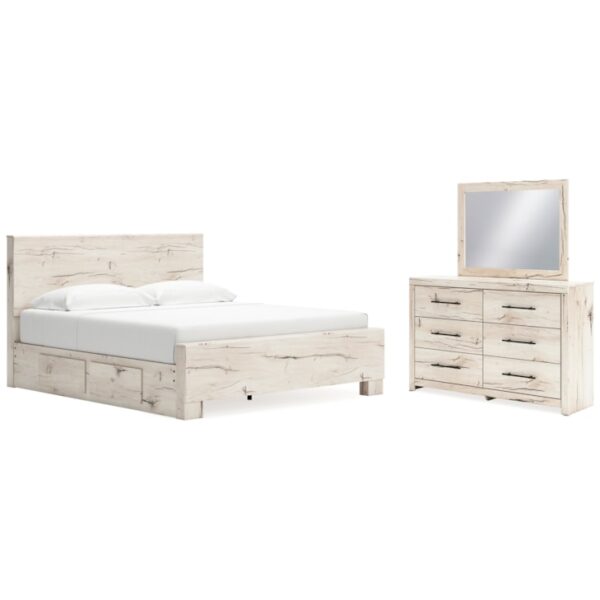 King Panel Bed With Storage, Dresser And Mirror