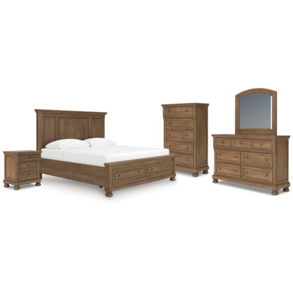 King Panel Storage Bed, Dresser, Mirror, Chest And Nightstand