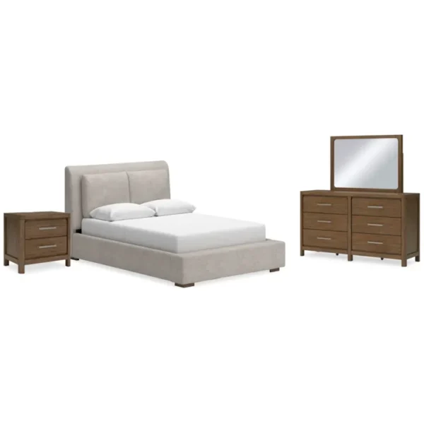 Queen Upholstered Bed with Mirrored Dresser and Nightstand