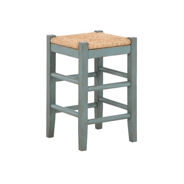 Antique Blue/Teal Counter Height Bar Stool with Woven Seat