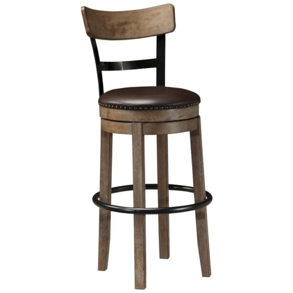 Tall Upholstered Swivel Barstool with Wood & Metal Backrest